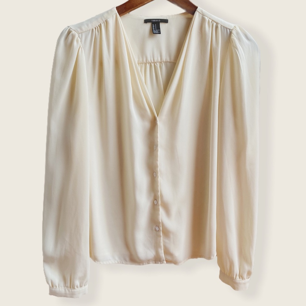 F21 Romantic Pleated Ivory Button-Down Blouse